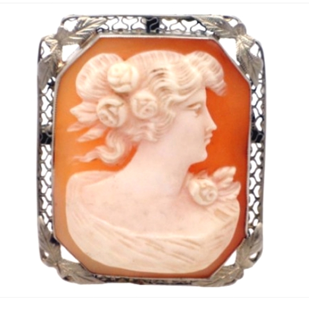 14K Huge Cameo🐚 White Gold Filigree Brooch Circa - Picture 1 of 3